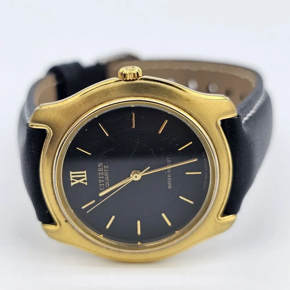 VTG‎ Citizen Men's Watch 35MM Black Dial New Black Leather Bands New Battery